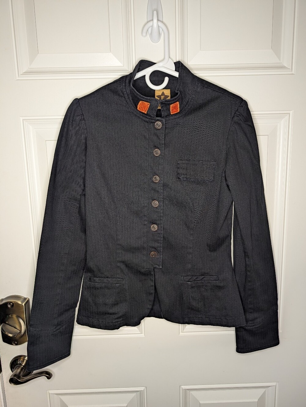 Fever Jeans Mandarin Collar Military Black Denim Jacket Women's Large